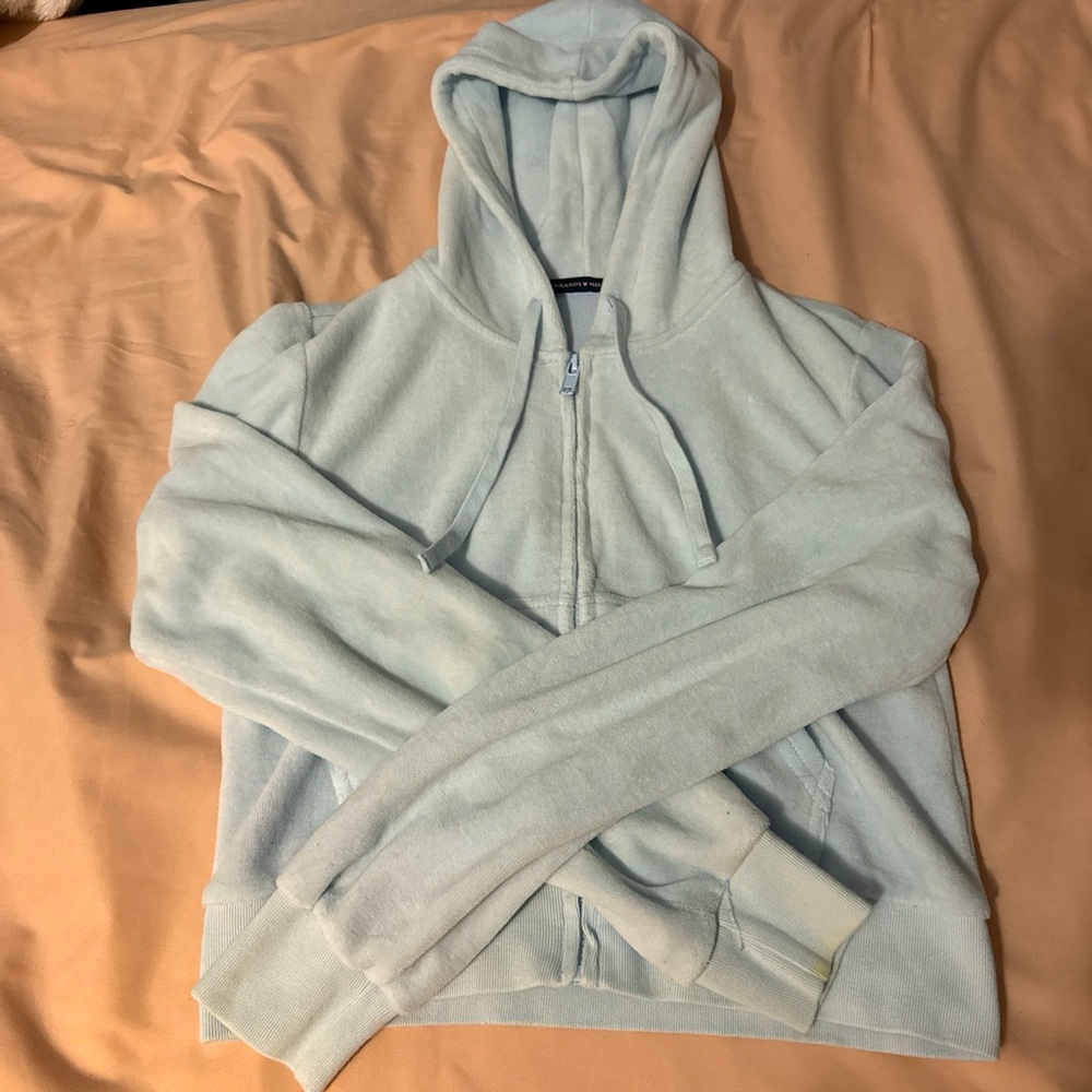Brandy Melville Blue Velour Cropped Zip Up Hoodie